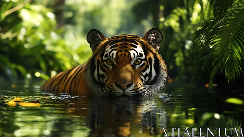 Hydrodynamic frontal portrait of Bengal tiger in dense foliage.