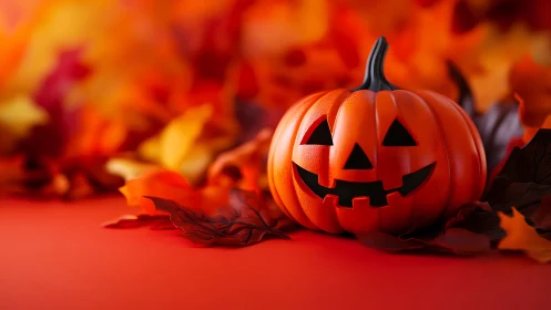 Pumpkin model with carved face positioned among autumn leaves