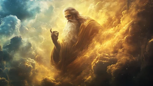 Storm-brewing elder sculpting light in golden heavens.