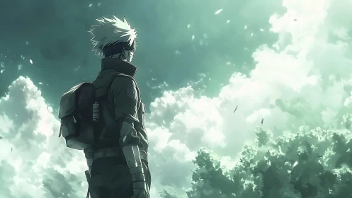 Quiet anime wanderer under soft emerald skies pausing gently.