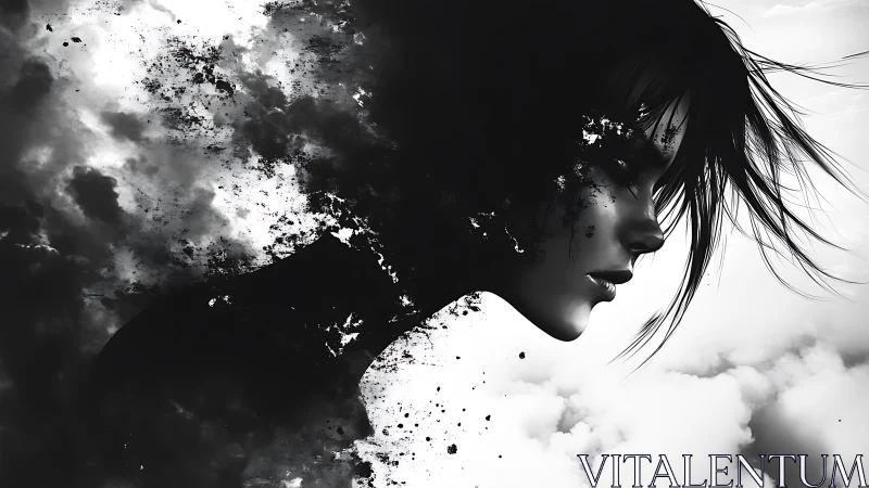 Profile silhouette of woman dissolves into abstract smoke