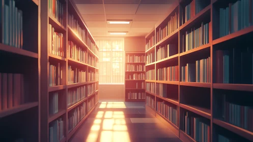 Sunlit modern library corridor with parallel bookshelves glowing.