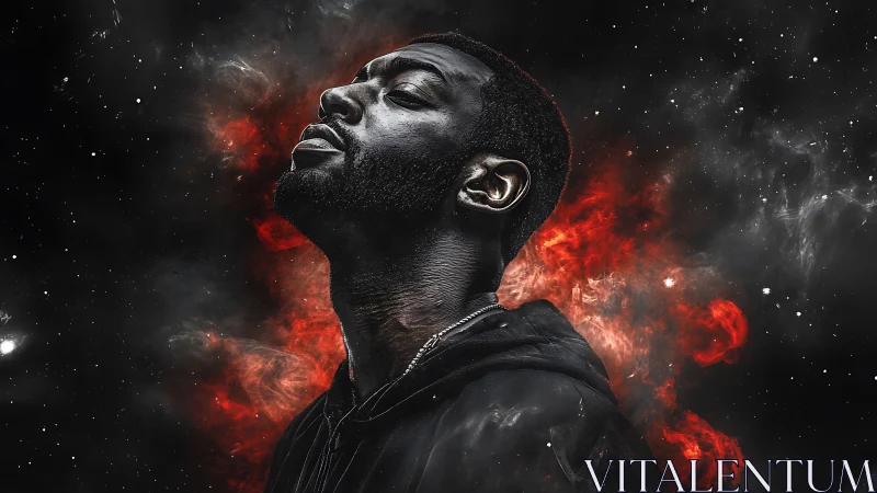 Portrait in cosmic smoke with radiant red nebula glow.