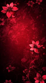 Vibrant neon flowers bloom against deep crimson gradient backdrop.