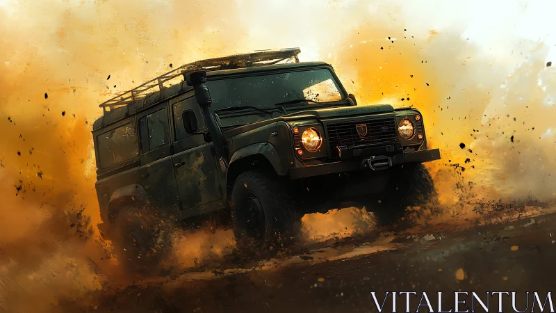 Rugged off road truck storms through blazing desert dust