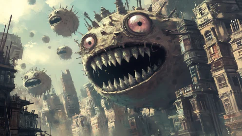 Grotesque floating maws looming over decayed megacity skyline.