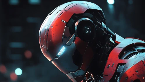 Red armored android helmet rendered with cinematic cyber-noir lighting