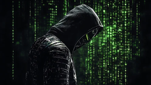 Hooded cyber phantom drifting through neon code rain.