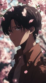 Anime portrait under cherry blossoms with soft bokeh depth.