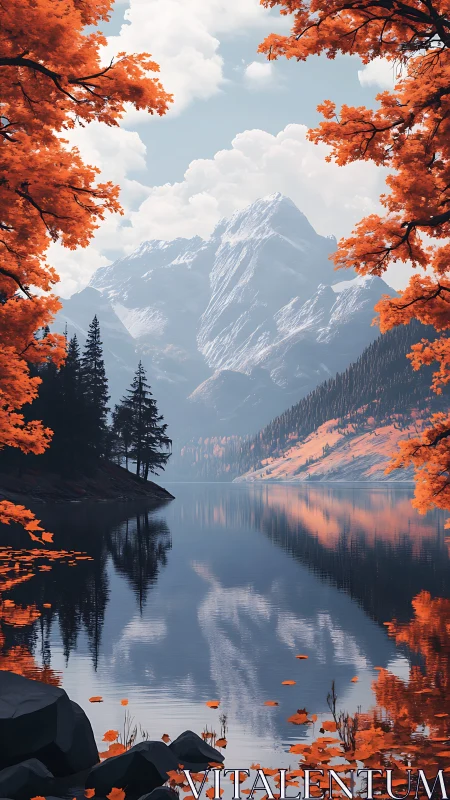 Autumn-framed alpine lake reflection under towering peaks.