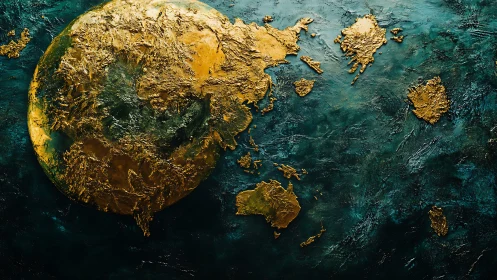 Textured gold world map relief contrasts with deep teal field