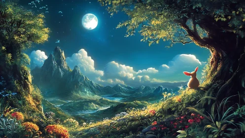 Moonlit valley landscape with hillside creature silhouette.