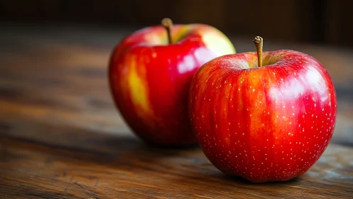 Red apples rest on rustic wood in soft natural light.