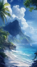 Coastal cliff formation with tropical vegetation and sailboat at sea.