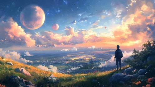 Digital painting of cosmic valley overlook with lone figure silhouette.