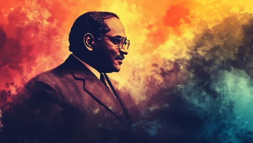 Warm portrait in swirling sunrise and twilight clouds.