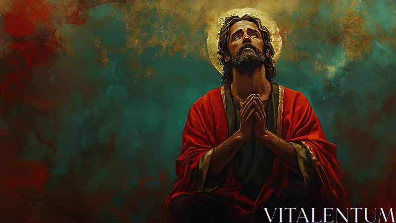 Kneeling robed figure in prayer under radiant gilded halo