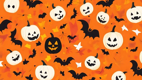 Playful jack-o-lanterns and bats dance on bright orange