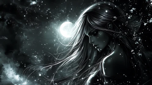 Luminous moonlit sorceress amid drifting stellar particles