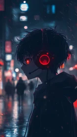 Profile of headphone user in rainy neon city street at night.