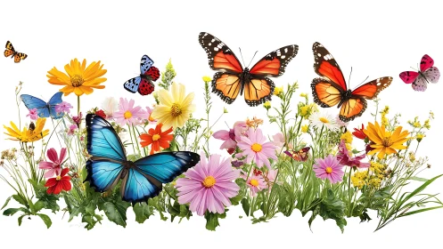 Colorful butterflies dancing over a joyful wildflower garden.