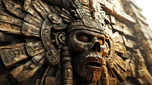 Ancient stone skull guardian carved with sunlit mystique.