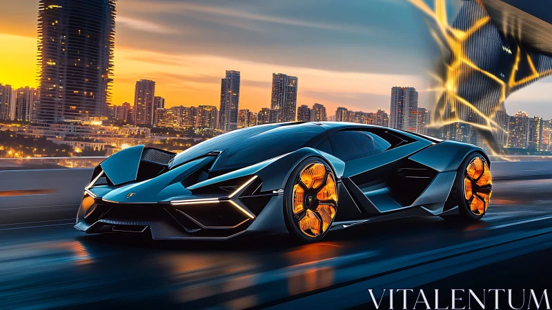 Midnight city sprint with a neon-lit futuristic supercar.