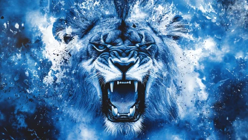 Frostfire roar of the midnight lion exploding in blues.