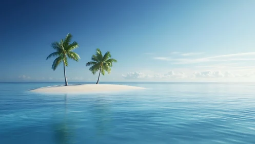 Minimalist Tropical Island with Paired Coconut Palms Rendered.
