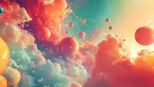 Chromatic fluid nebula with suspended glossy pigment spheres