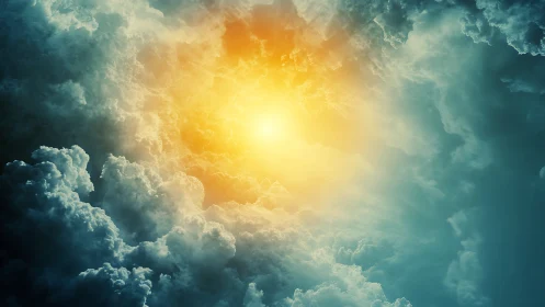 Golden sunburst cradled by stormy teal clouds of sky.