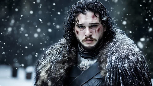 Battle-scarred winter warrior stalks through the falling snow.