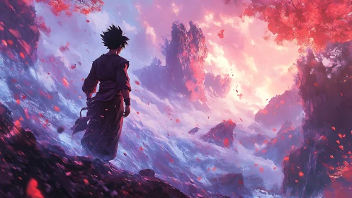 Lone warrior surveys stormlit canyon of crimson blossoms.