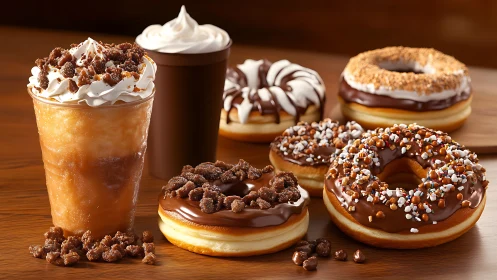 Glazed donuts and iced coffee drinks under warm directional lighting