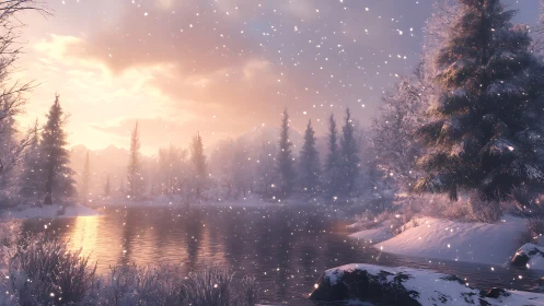 Snowfall over tranquil winter river at pastel sunset.