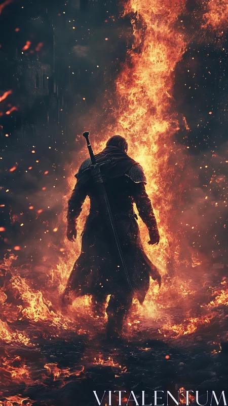 Armored swordsman walks through vertical column of fire