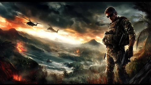 Storm-lit soldier stands poised above a burning jungle warzone