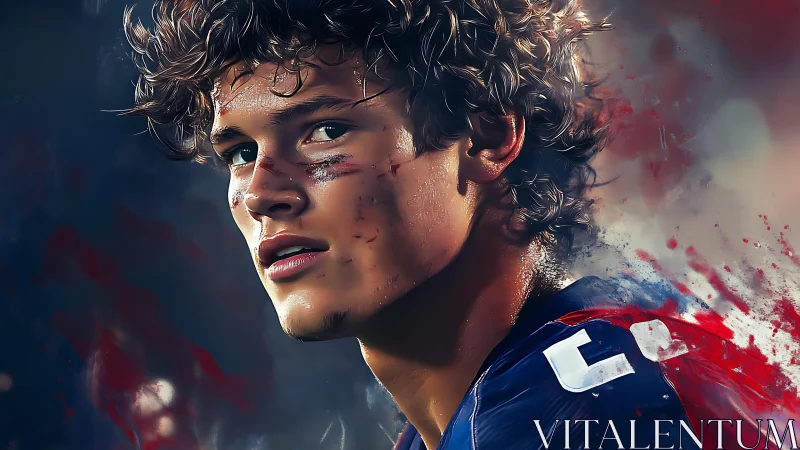 Digital portrait of young athlete in uniform, partial profile.
