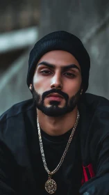 Moody urban portrait of bearded man in beanie and gold chain