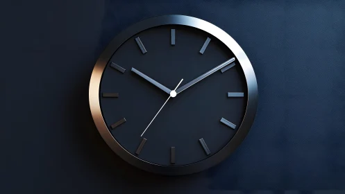 Modern black wall clock in minimalist style on dark textured background.