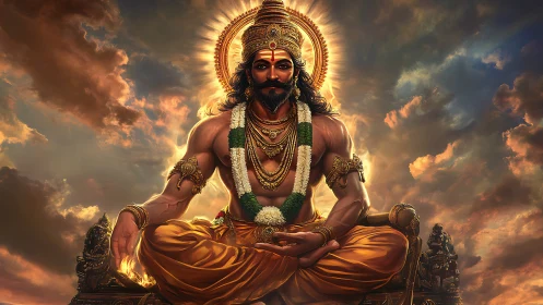 Seated mythic figure meditates against dramatic sunset sky