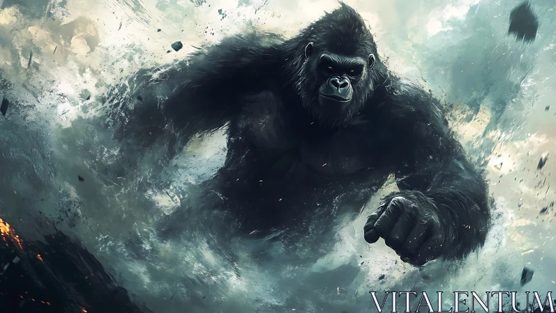 Dynamic digital painting of colossal gorilla in storm surge.