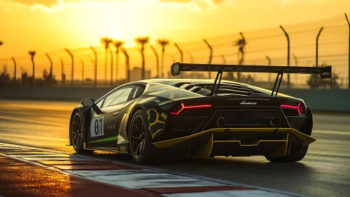 GT race car under low-angle sunset backlight on wet circuit