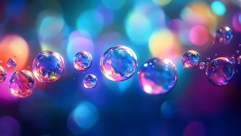Luminous rainbow bubbles drift across a dreamy neon haze