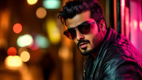 Neon‑lit portrait captures a confident man in urban night glow