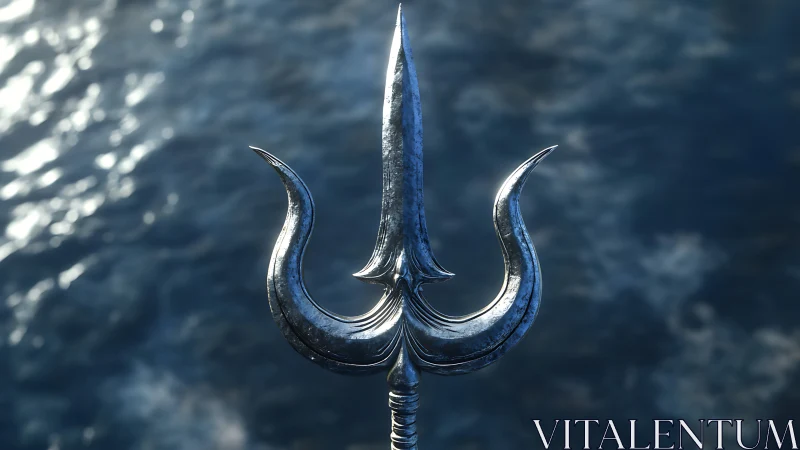 Highly polished trident head with curved side prongs over water