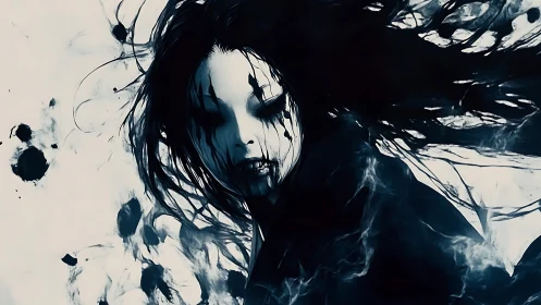 Spectral portrait with ink-smeared visage in motion blur.