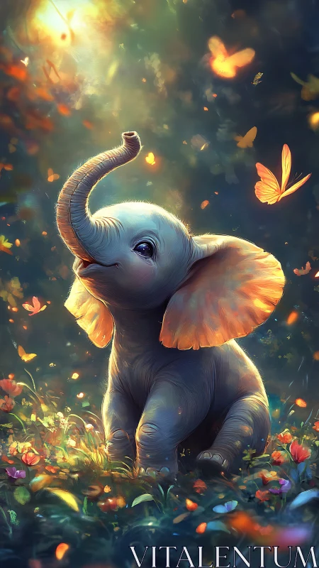 Baby elephant delight with glowing butterflies and flowers.