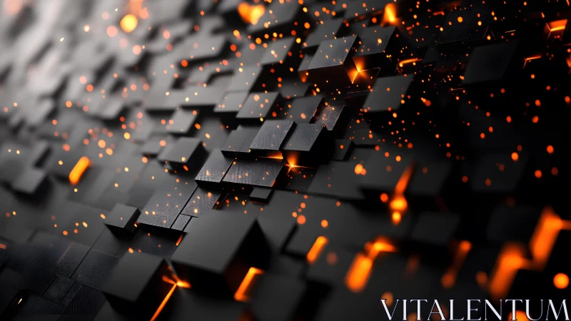 Futuristic black 3D cubes with glowing orange lights and sparks.