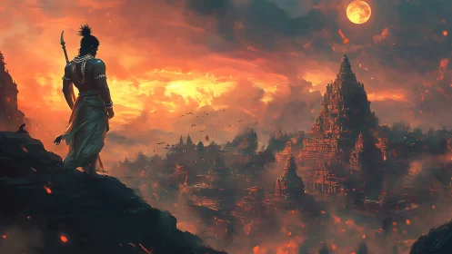 Warrior watches fiery temple city beneath full moon.